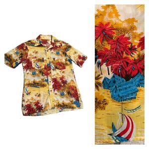 Vintage Hawaiian Button Down Beach Shirt Sailboats Tiki / Men’s Small *